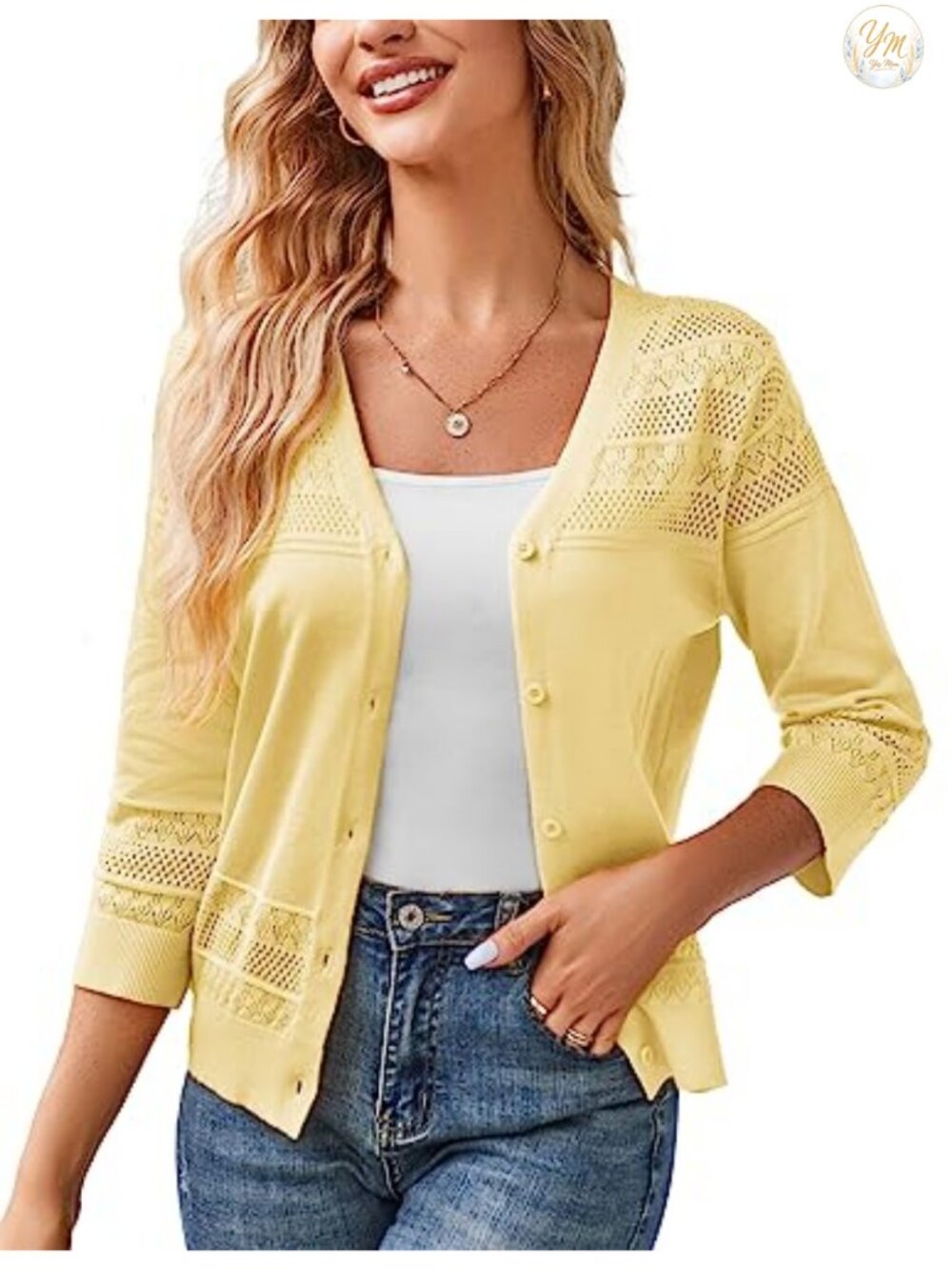 Crochet 3/4 Sleeve Cropped Cardigan Lightweight Knit Shrug Open Front Button